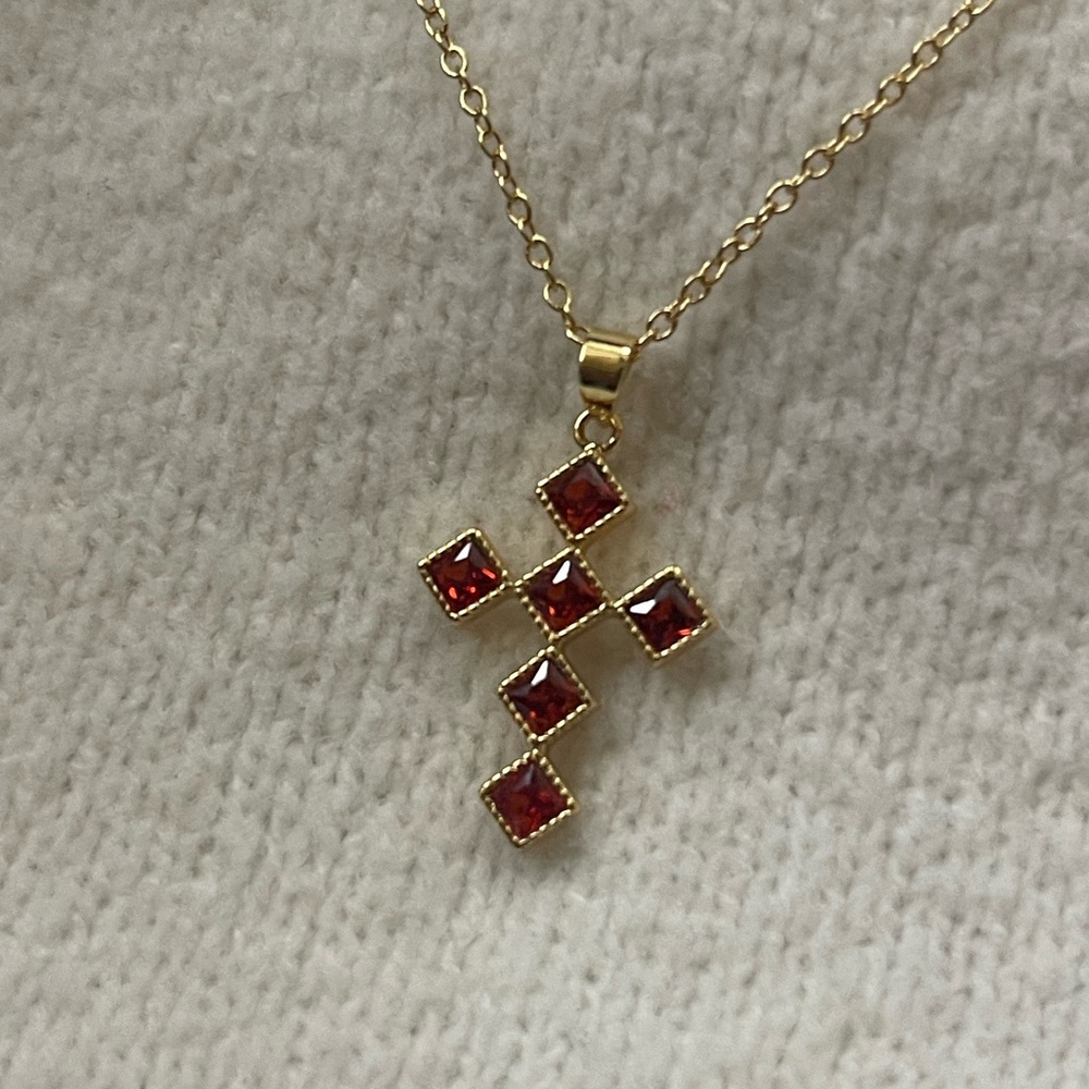 Cross Necklace Pendant Red 18k Gold Plated Jewelry Accessory